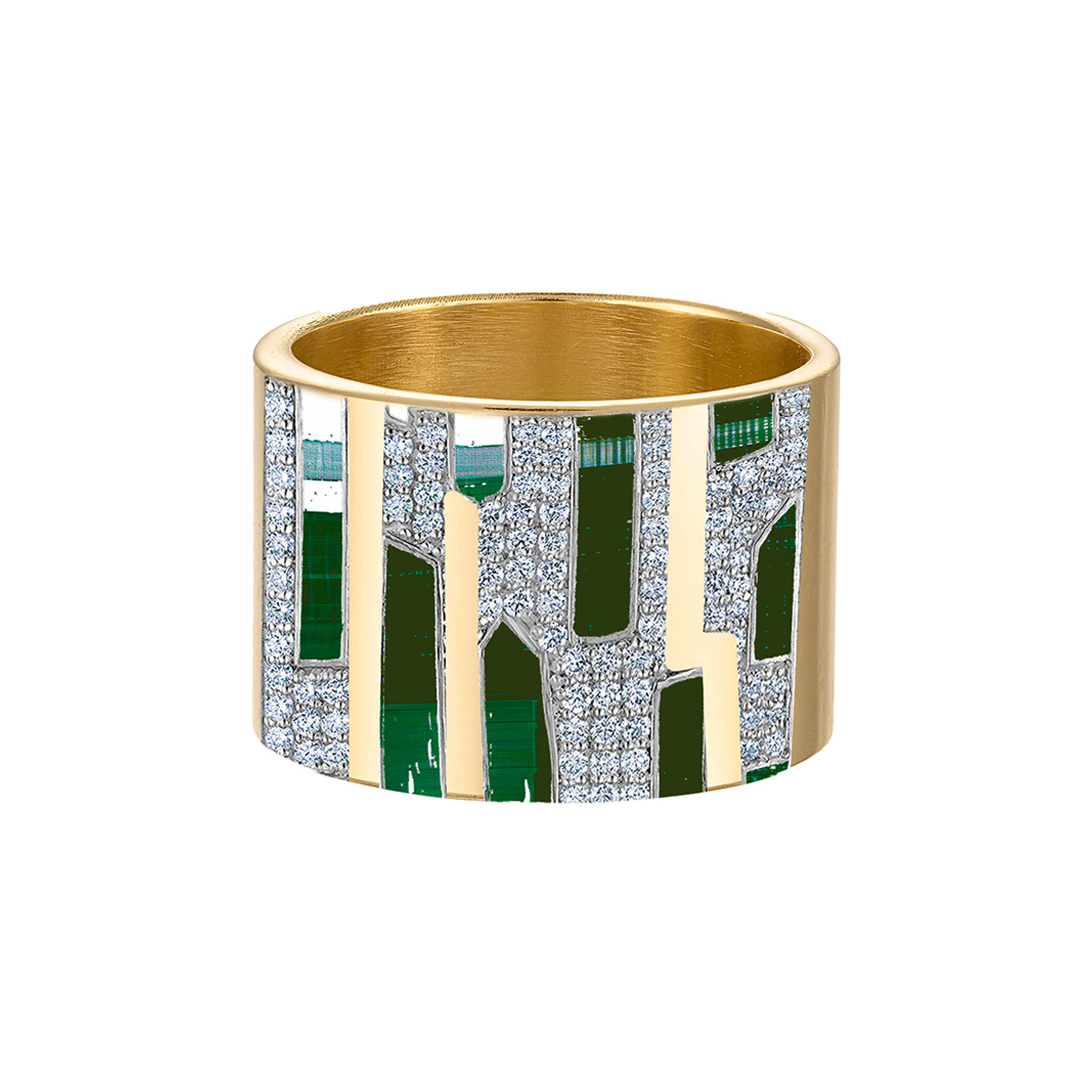 Solid 18k Gold Ring with Green Enamel & Paved Diamonds