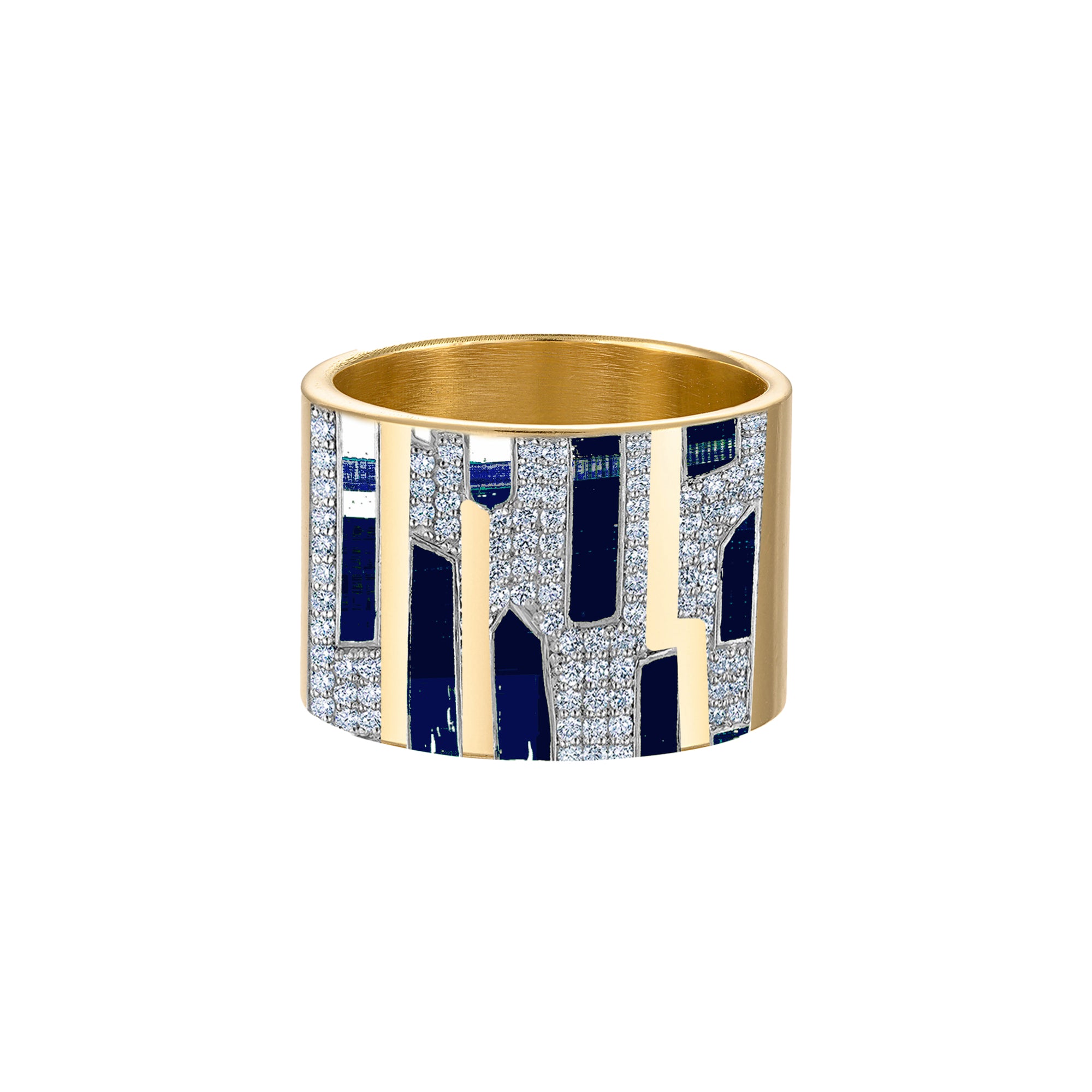 Solid 18k Gold Ring with Navy Enamel & Paved Diamonds