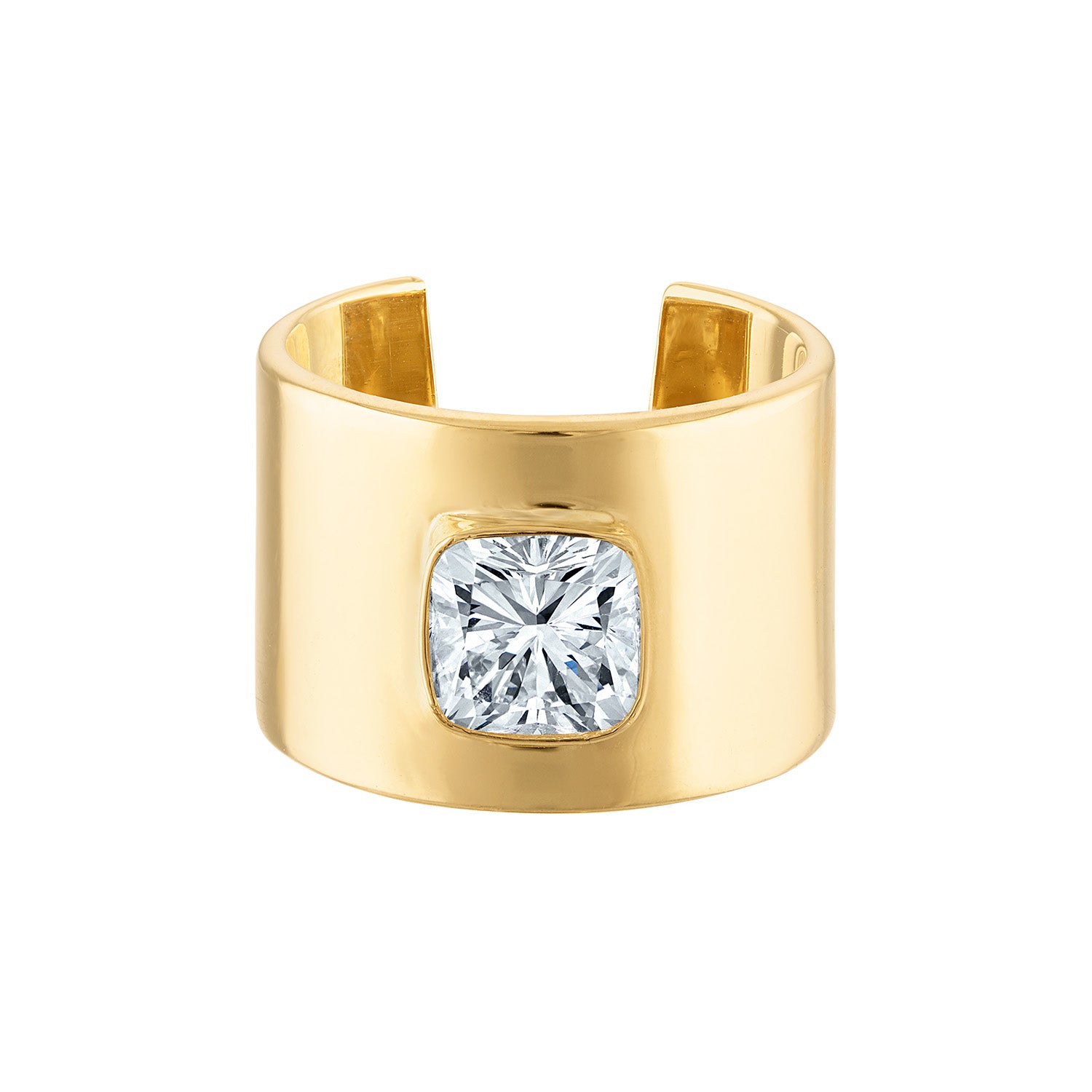 18k Solid Yellow Gold Cuff Ring with Cushion Cut Diamond