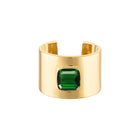 18k Solid Yellow Gold Cuff Ring with Cushion Cut Dark Green Quartz