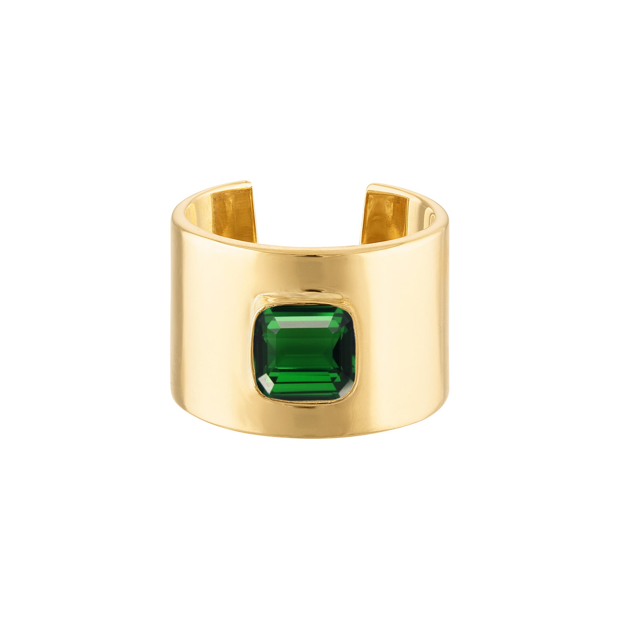 18k Solid Yellow Gold Cuff Ring with Cushion Cut Dark Green Quartz