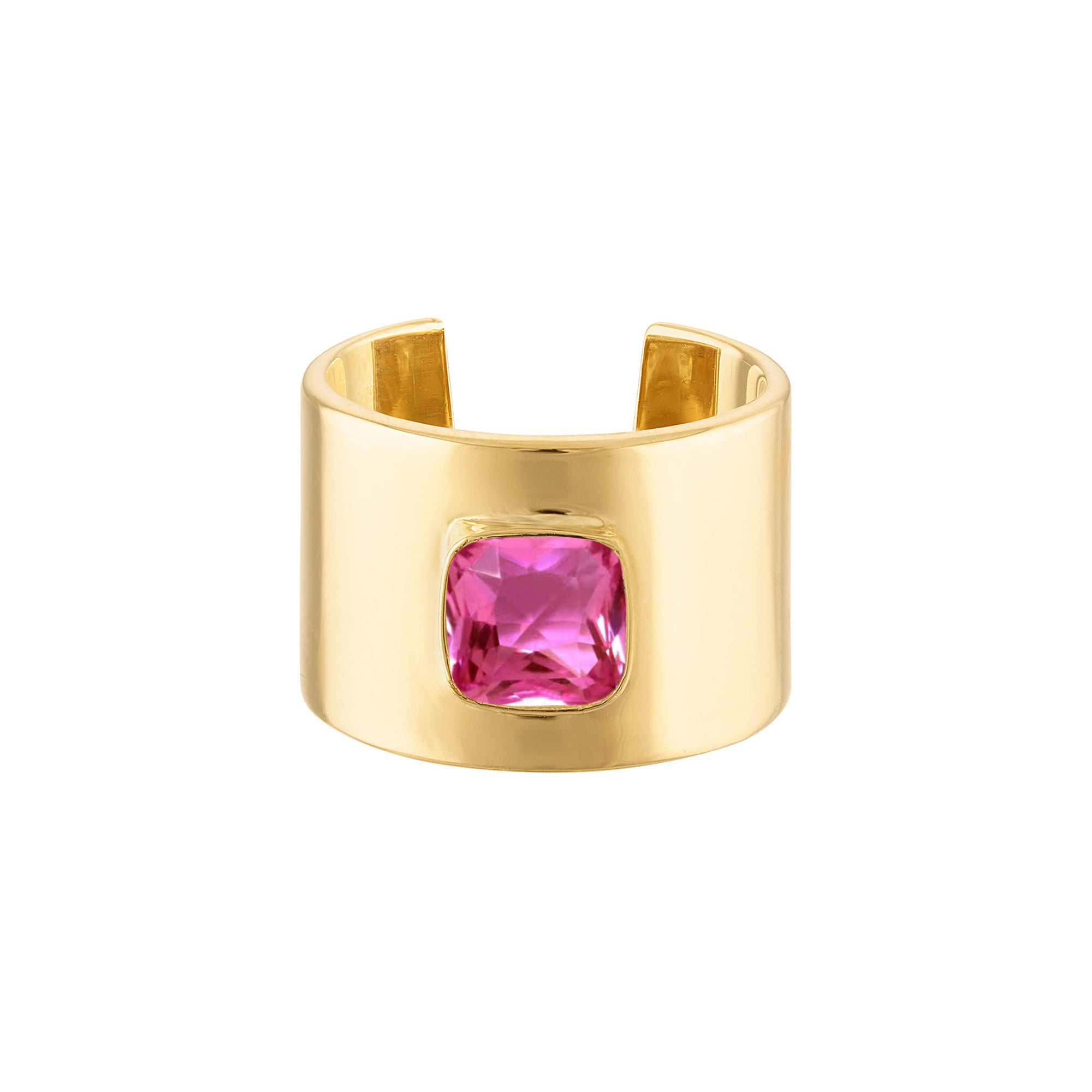 18k Solid Yellow Gold Cuff Ring with Cushion Cut Hot Pink Quartz