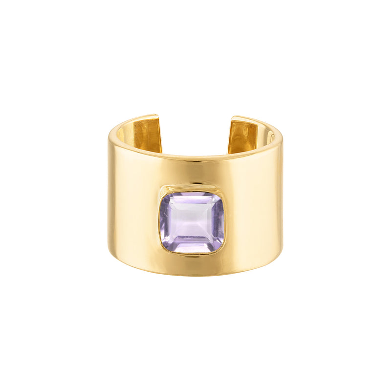 18k Solid Yellow Gold Cuff Ring with Cushion Cut Lavender Amethyst