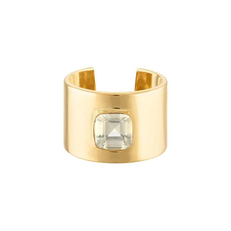 18k Solid Yellow Gold Cuff Ring with Cushion Cut Light Yellow Citrine