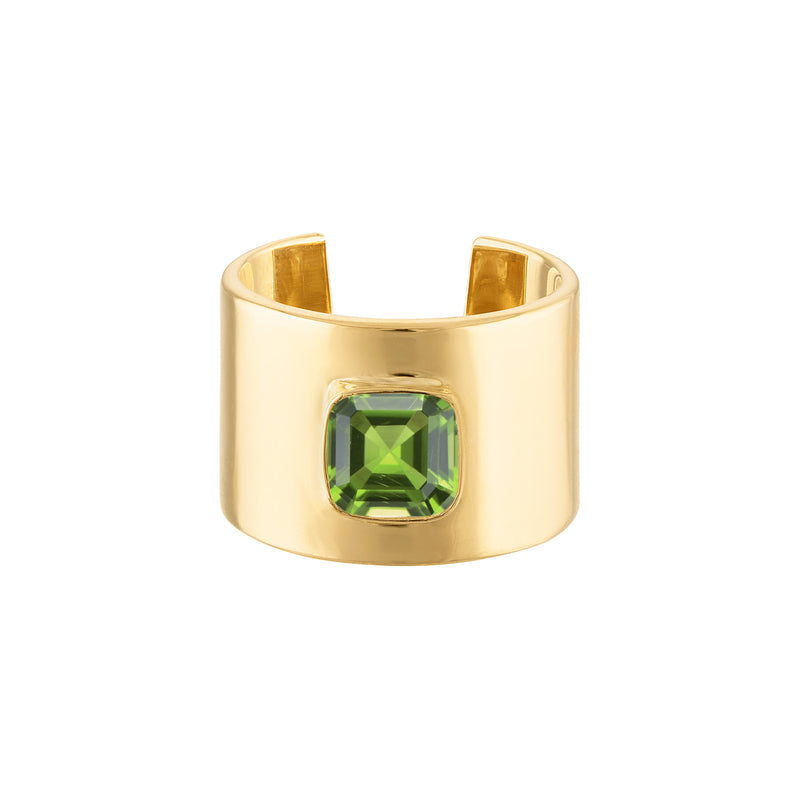 18k Solid Yellow Gold Cuff Ring with Cushion Cut Peridot