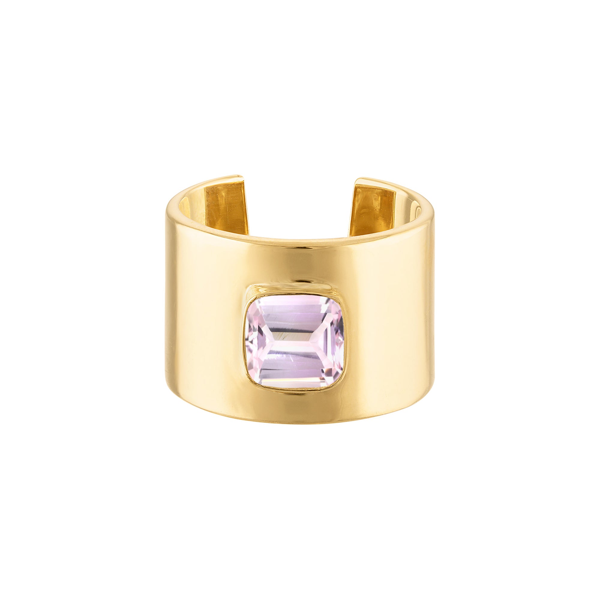 18k Solid Yellow Gold Cuff Ring with Cushion Cut Pale Pink Quartz