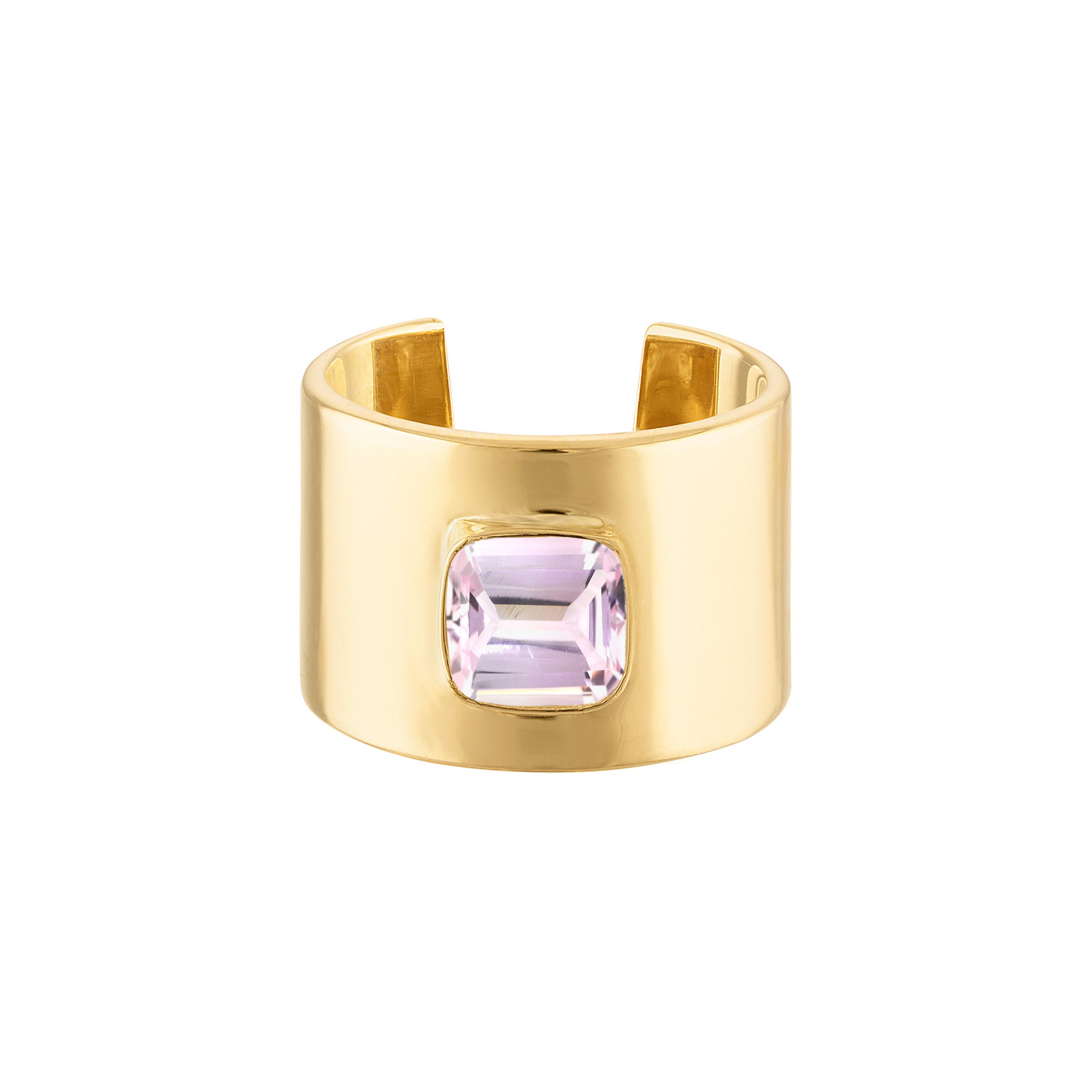 18k Solid Yellow Gold Cuff Ring with Cushion Cut Pale Pink Quartz