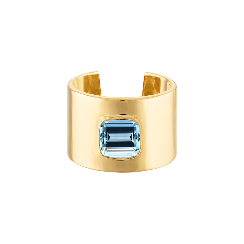 18k Solid Yellow Gold Cuff Ring with Cushion Cut Blue Swiss Topaz