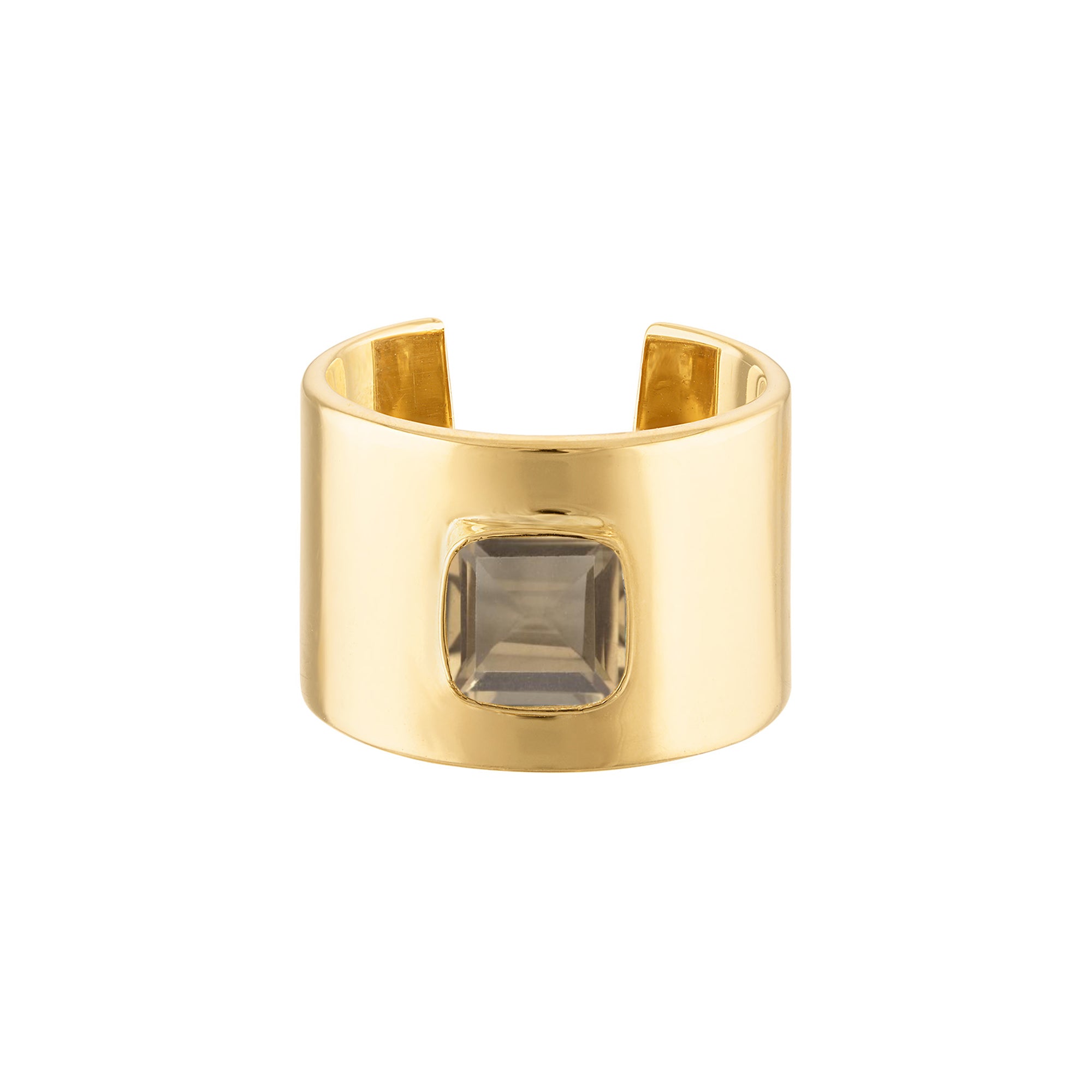 18k Solid Yellow Gold Cuff Ring with Cushion Cut Smoky Topaz