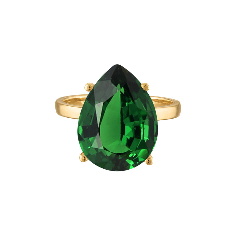 18k Gold Band with Pear Cut Dark Green Quartz Cocktail Ring