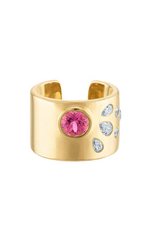 18k Solid Gold Cuff Ring with Round Cut Pink Sapphire and Pear Shaped Natural Diamonds