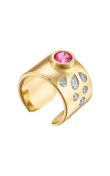 18k Solid Gold Cuff Ring with Round Cut Pink Sapphire and Pear Shaped Natural Diamonds