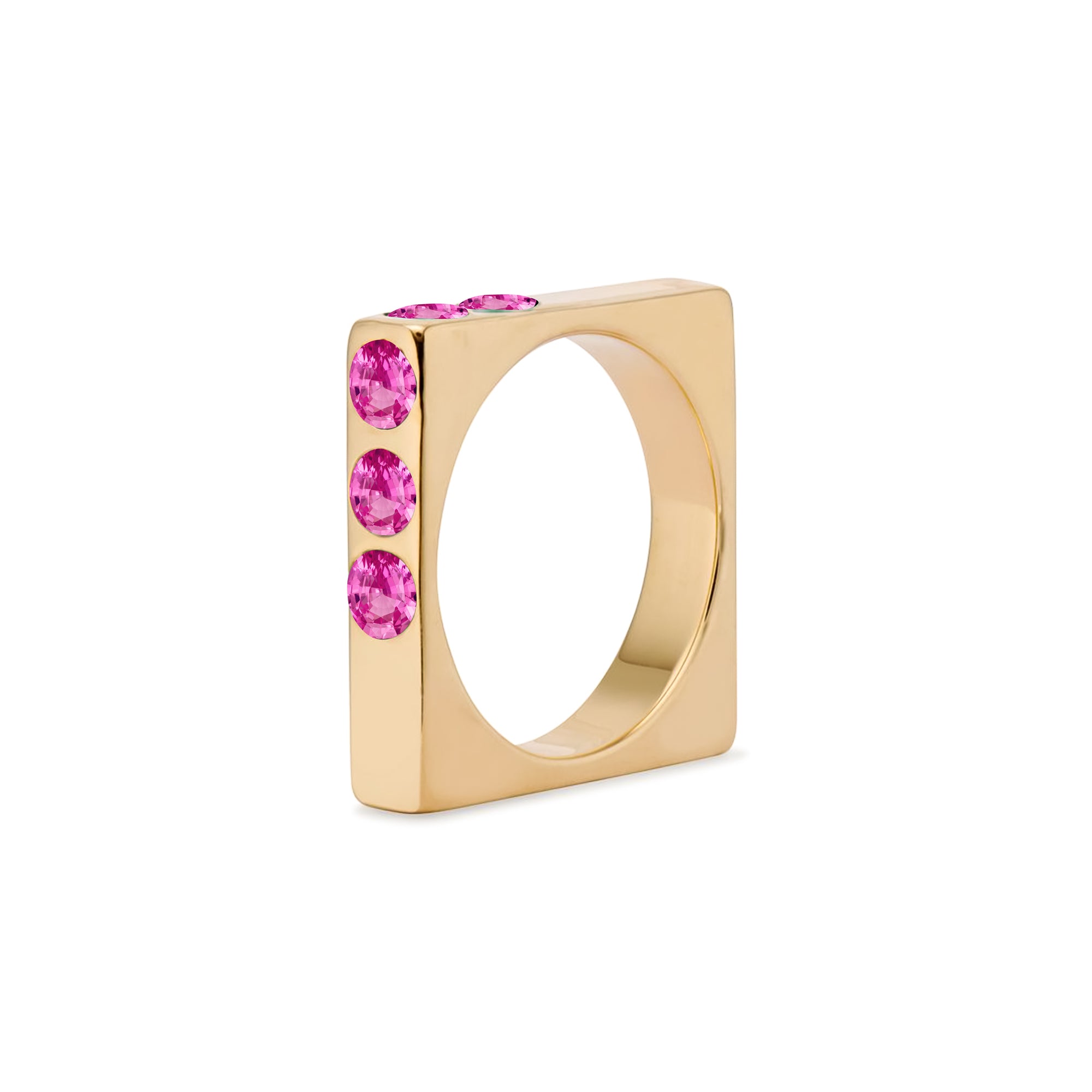 Solid 18k Gold Square Stacking Ring with Hot Pink Quartz