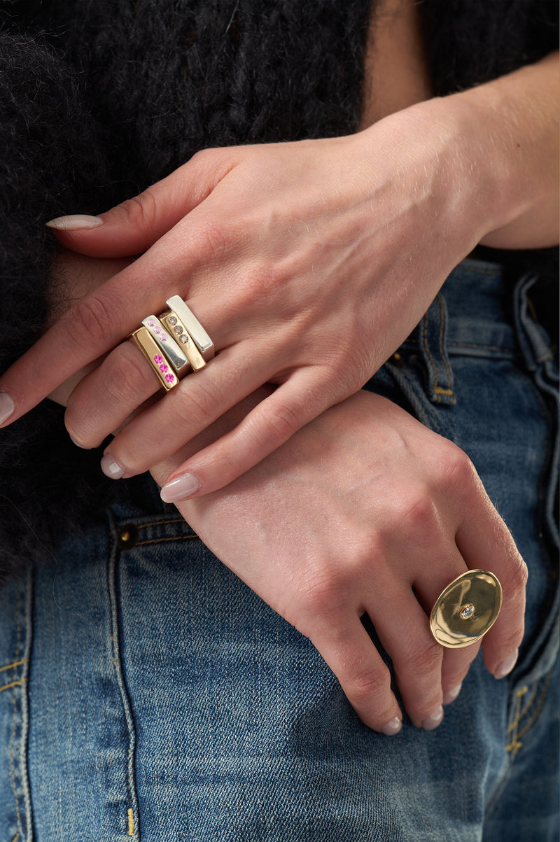 Solid 18k Gold Square Stacking Ring with Hot Pink Quartz