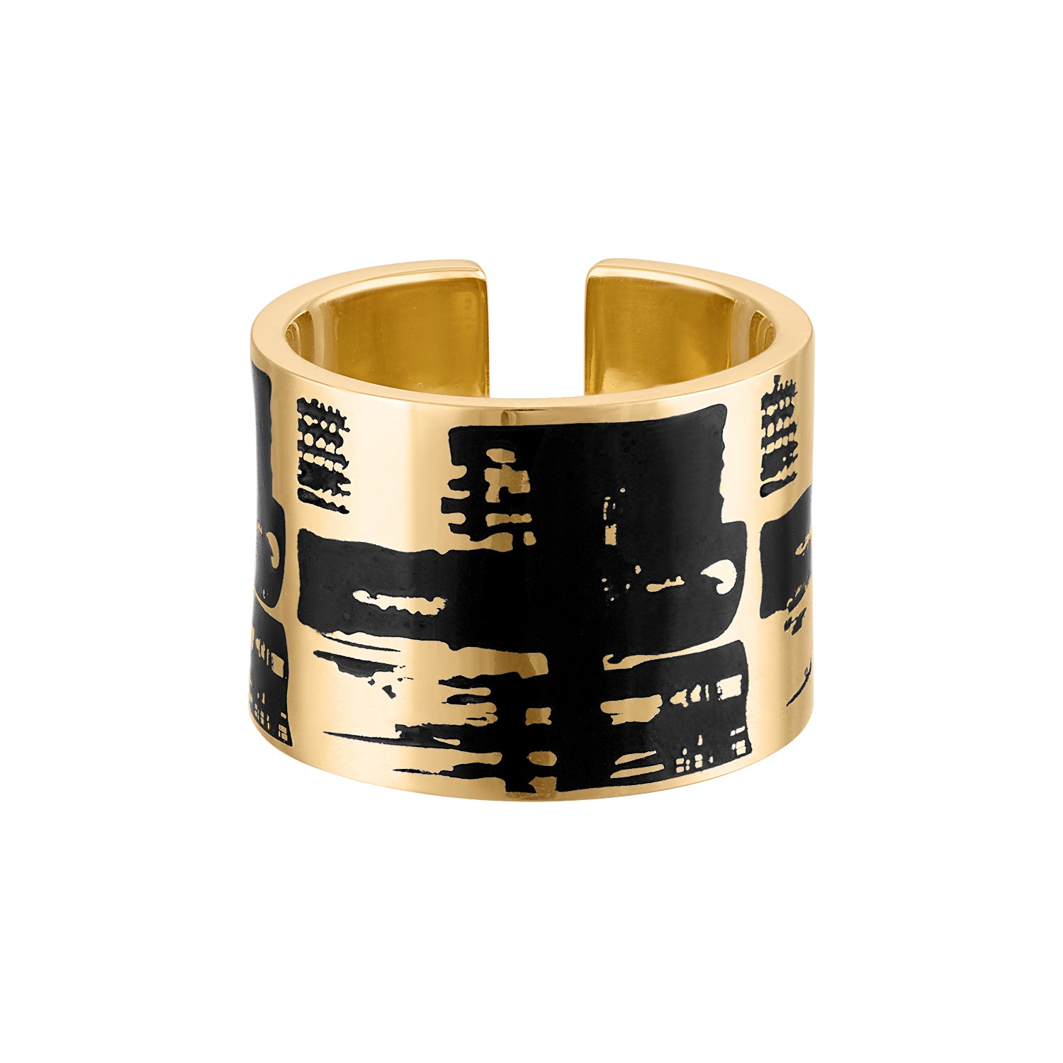 Solid 18k Gold Cuff Ring with Black Enamel