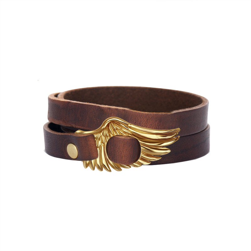 Leather Wrap Bracelet with 18k Gold  Angel Wing Buckle