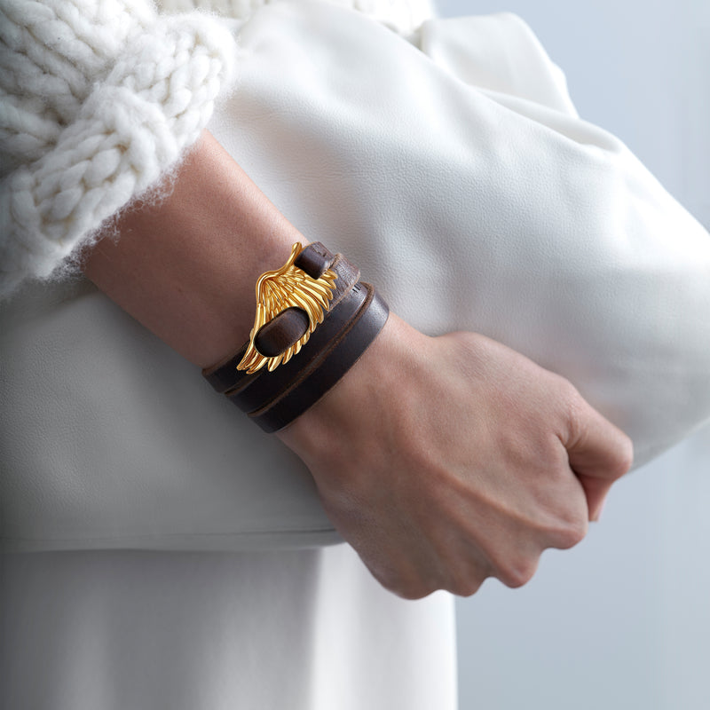 Leather Wrap Bracelet with 18k Gold  Angel Wing Buckle