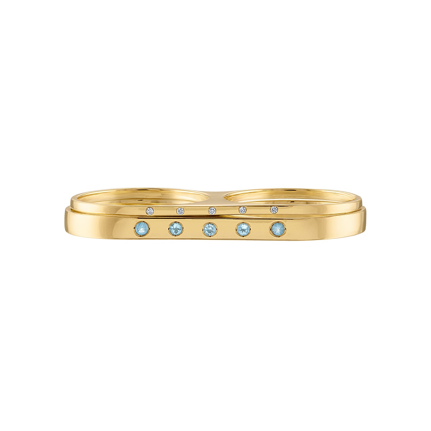 Solid 18k Gold Thick Double Finger Ring with Blue Topaz